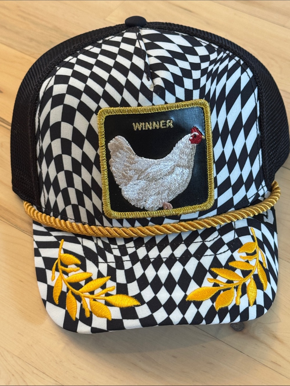 Chicken Winner Hat Goorin Bros Black White Checkered Rope Snapback Cap-Unisex